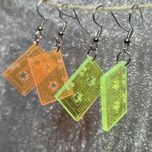 Hand Crafted Neon Cassette Earrings - Vibrant Orange and Green